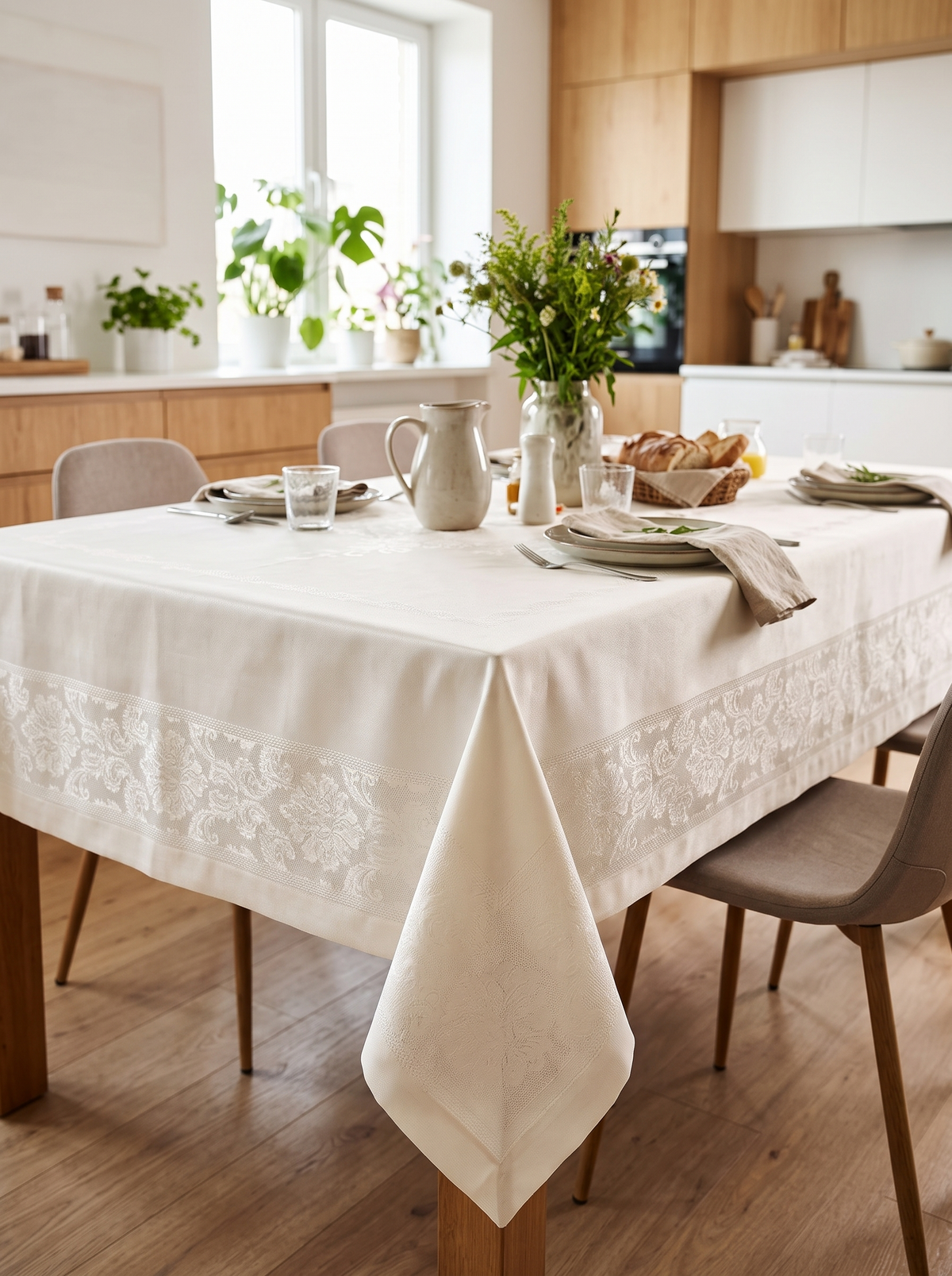Champagne waterproof rectangular tablecloth with lace border 160x220cm