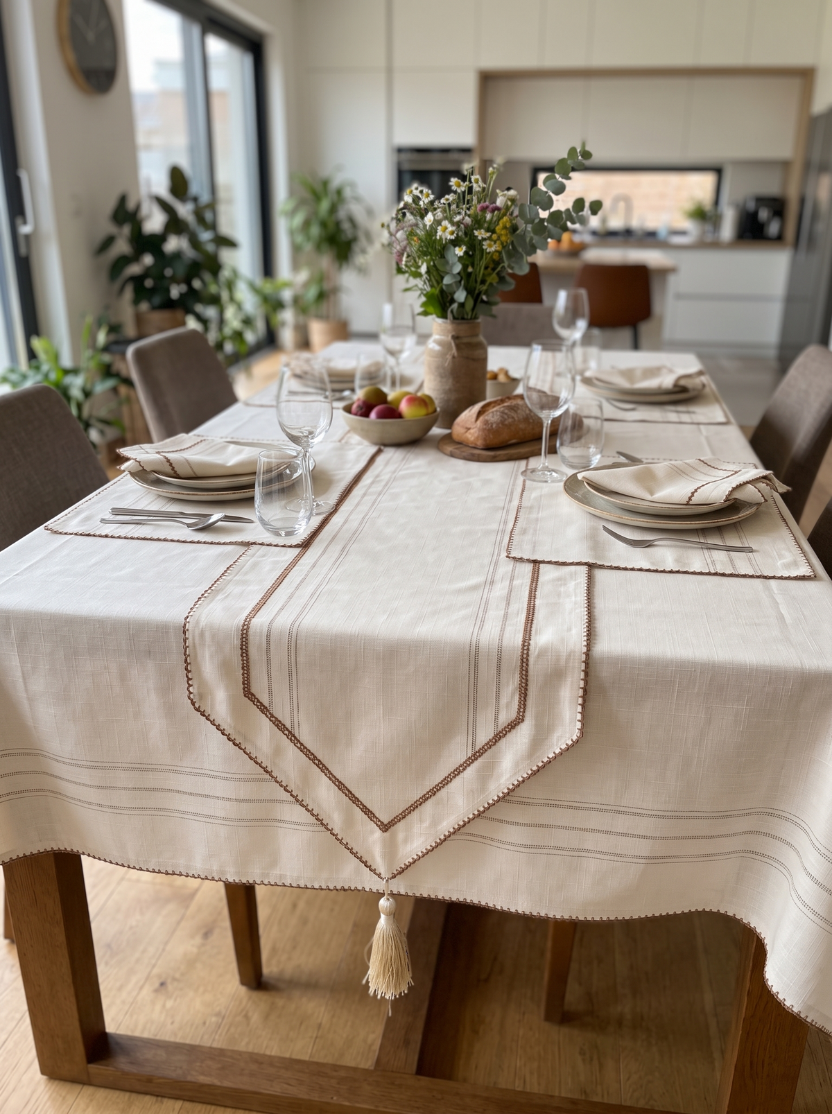 Cream tablecloth set with table runner, 12 napkins and 12 cutlery holders 160x220cm