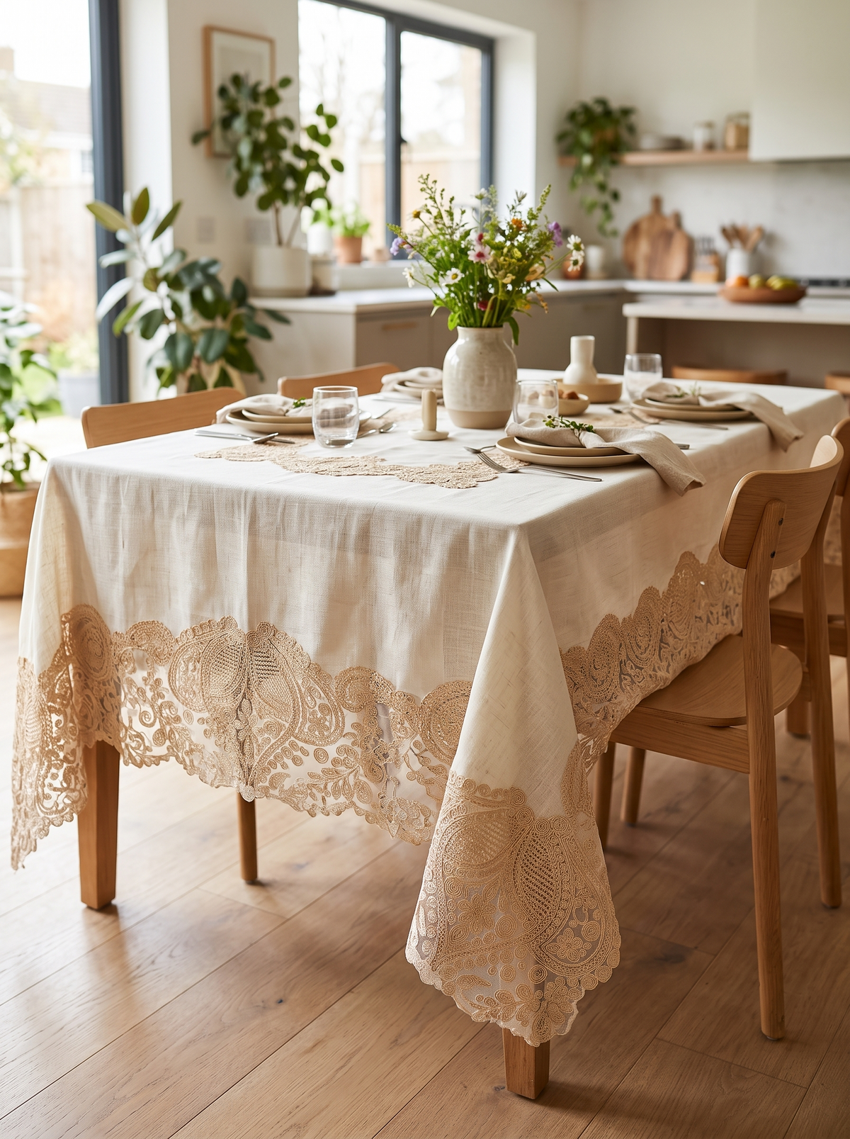 Beige lace tablecloth set with table runner and 12 napkins (6-8 seater)