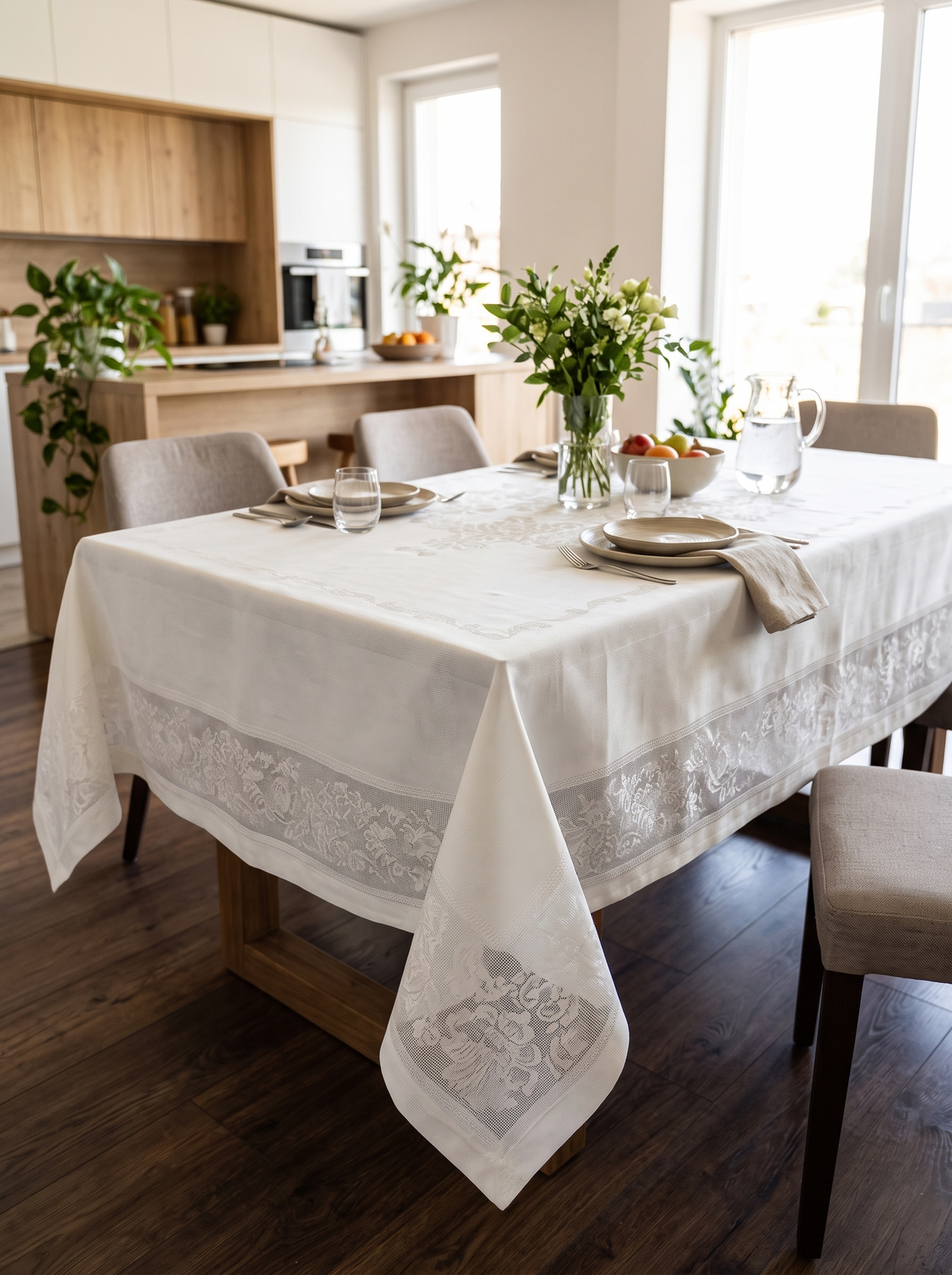 White waterproof rectangular tablecloth with lace border 140x180cm