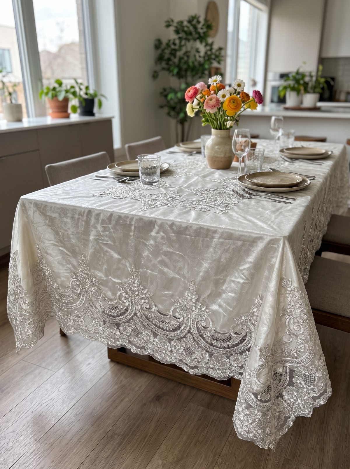 Ivory velvet tablecloth with lace 160x160cm