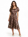 Brown giraffe print puff sleeve midi dress