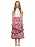 Pink floral tiered ruffle midi skirt