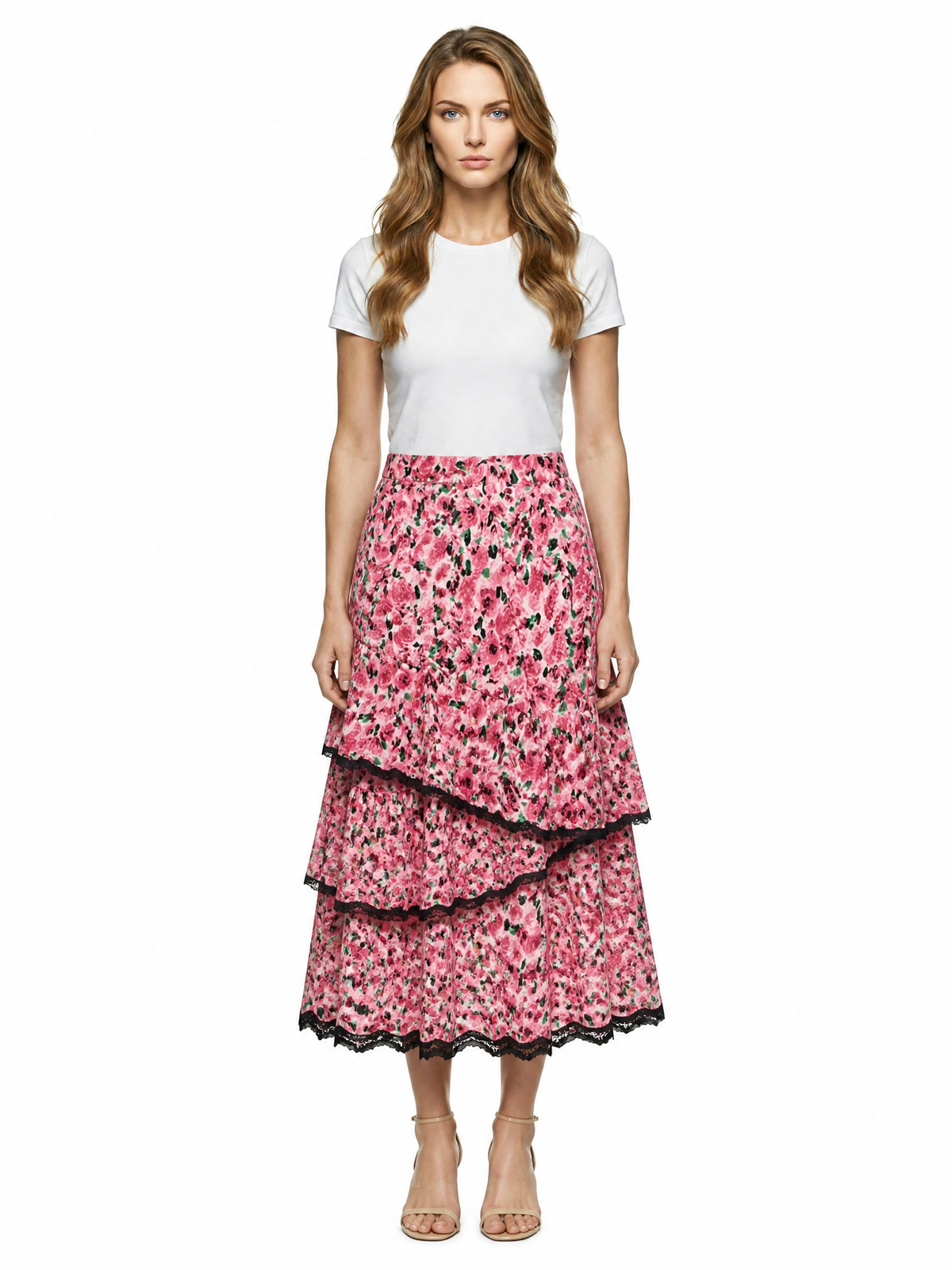 Pink floral tiered ruffle midi skirt
