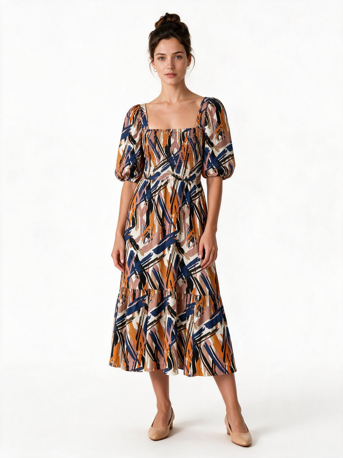 Abstract brush print puff sleeve midi dress