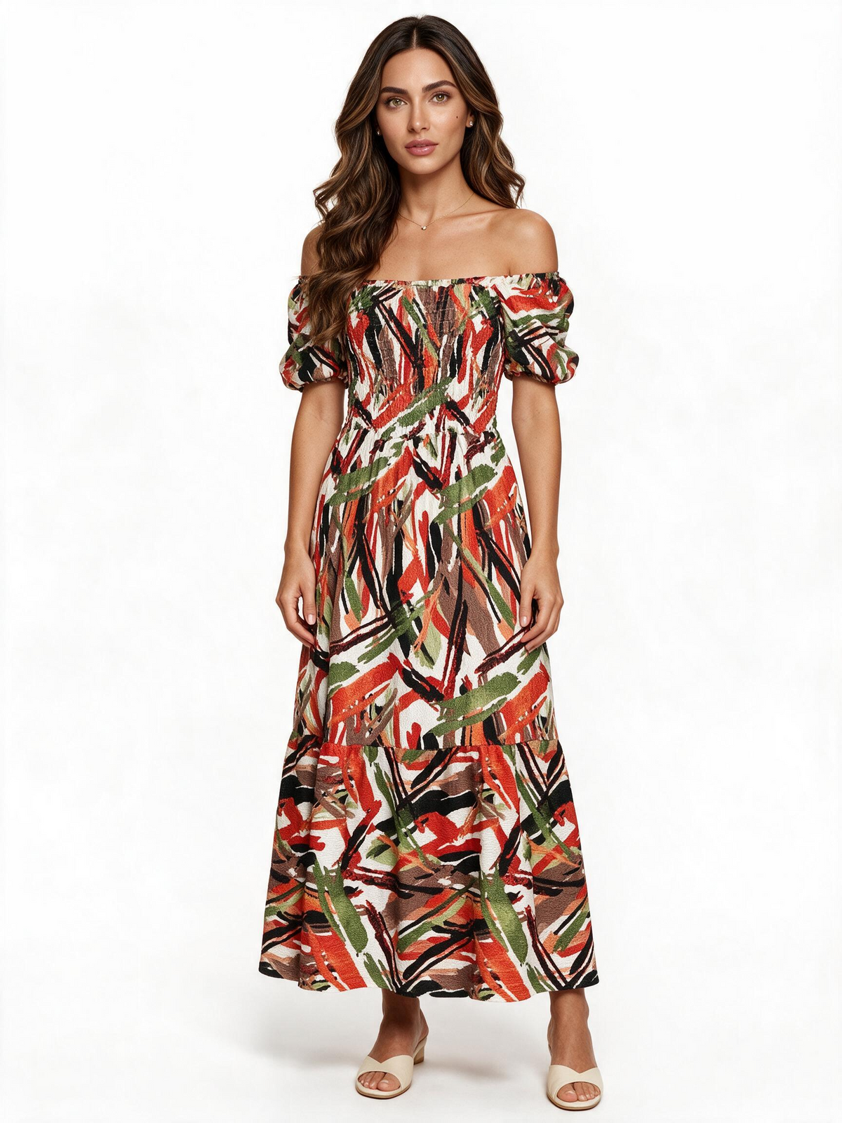 Tropical print off shoulder maxi dress