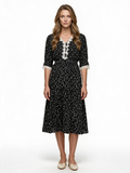 Black ditsy floral print midi dress with lace trim