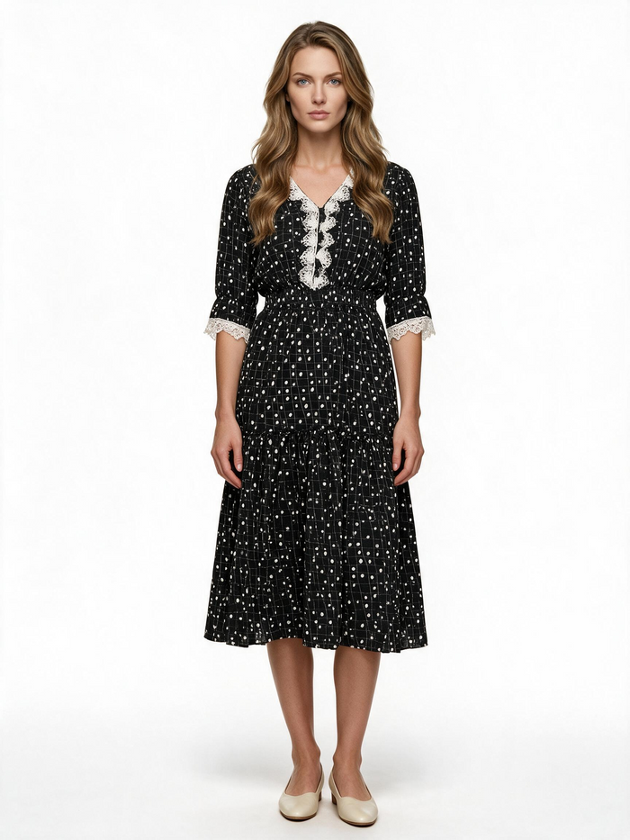 Black ditsy floral print midi dress with lace trim