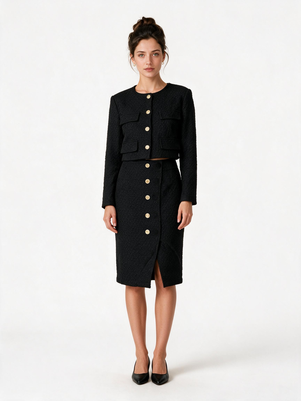 Black cropped jacket and midi skirt two piece set