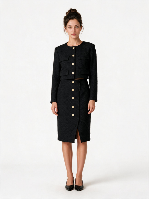 Black cropped jacket and midi skirt two piece set