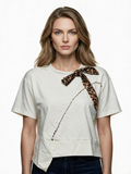 White asymmetric hem t-shirt with leopard print scarf tie