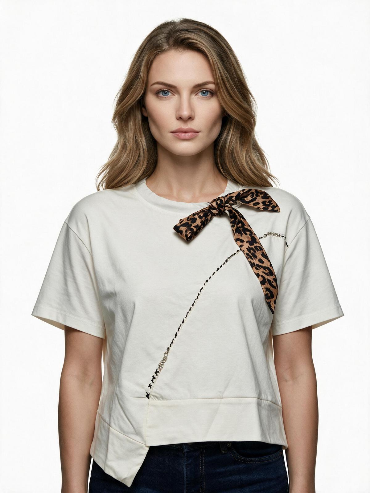 White asymmetric hem t-shirt with leopard print scarf tie