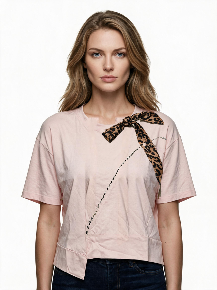 Pink asymmetric hem t-shirt with leopard print scarf tie