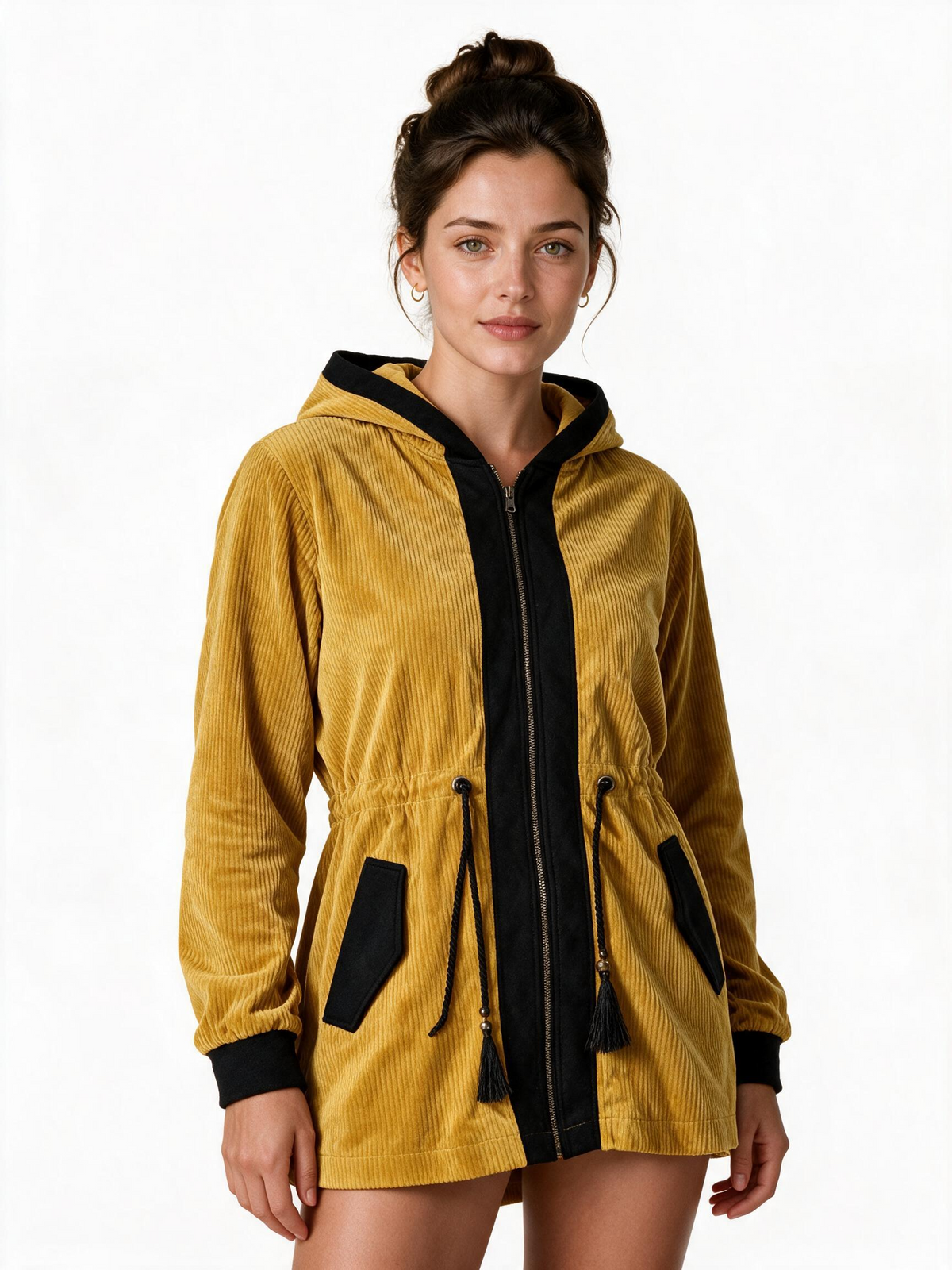 Mustard hooded velour parka jacket