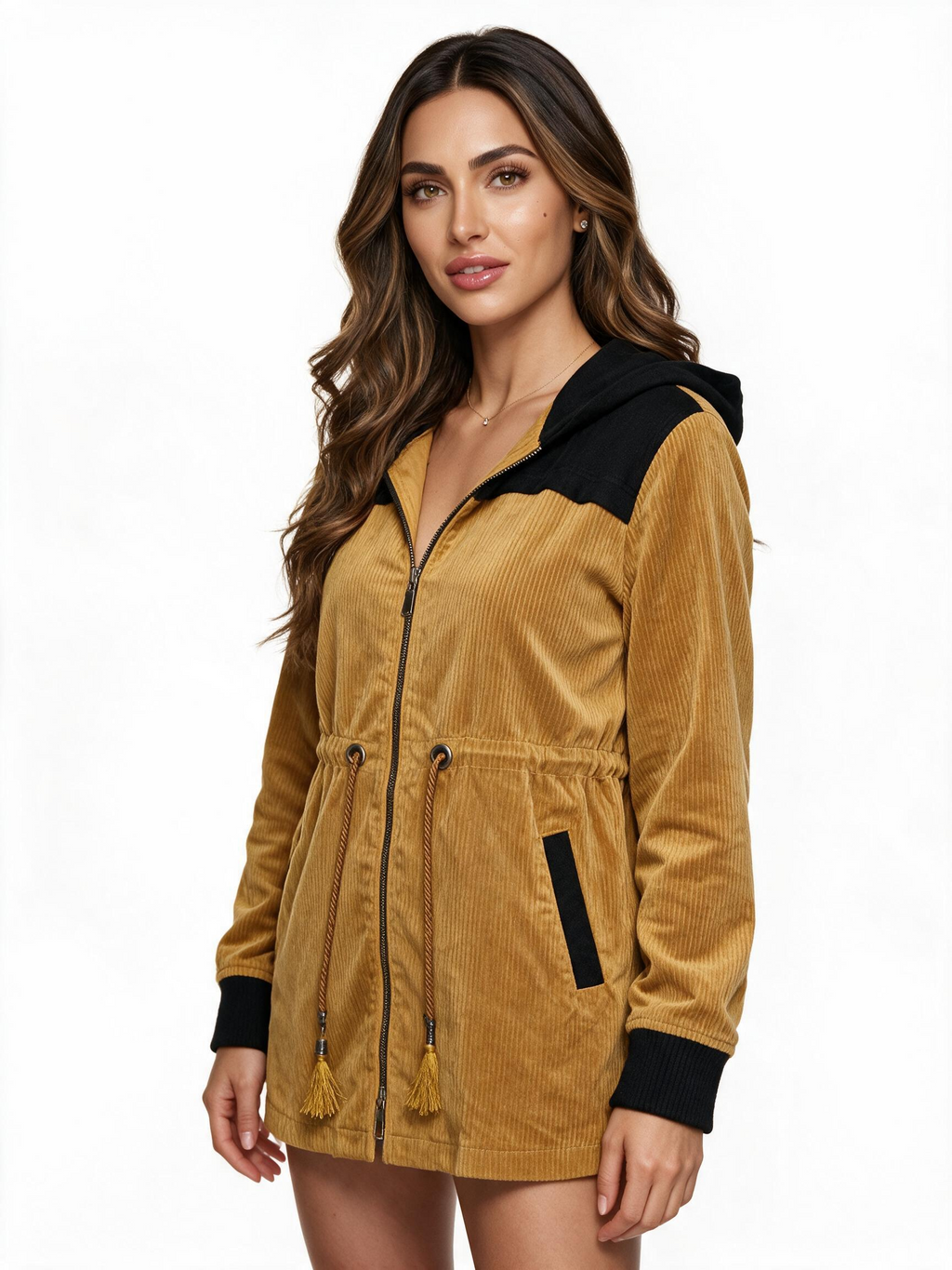 Mustard hooded velour parka jacket