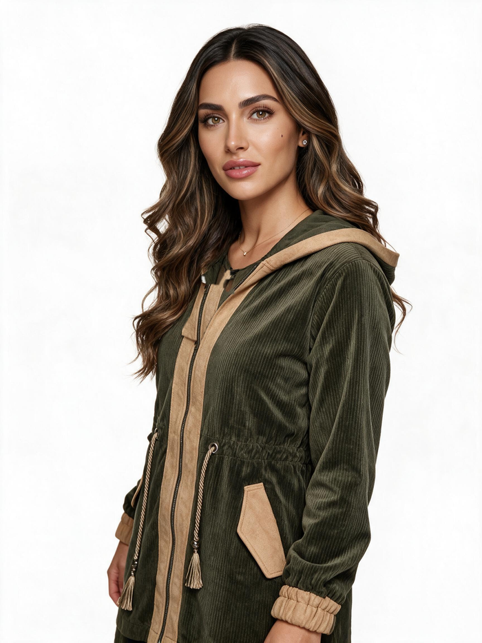 Olive green hooded velour parka jacket