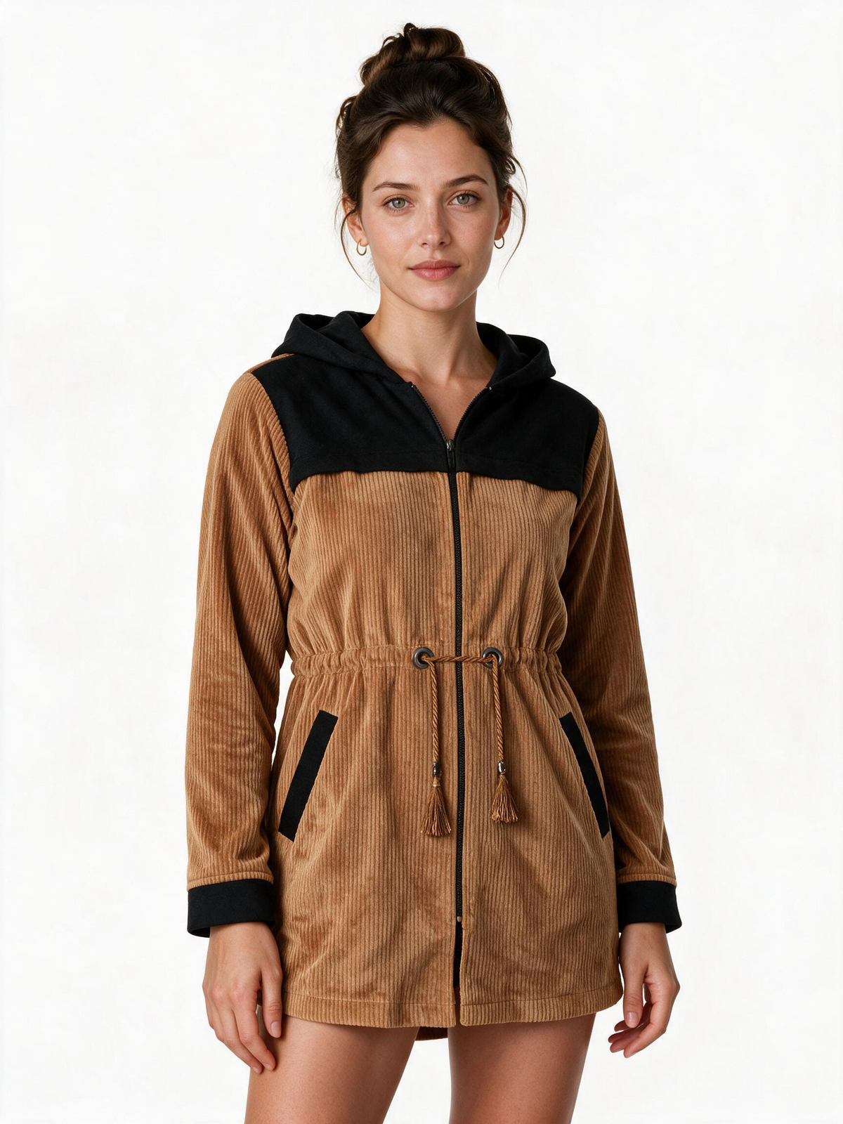 Camel hooded velour parka jacket