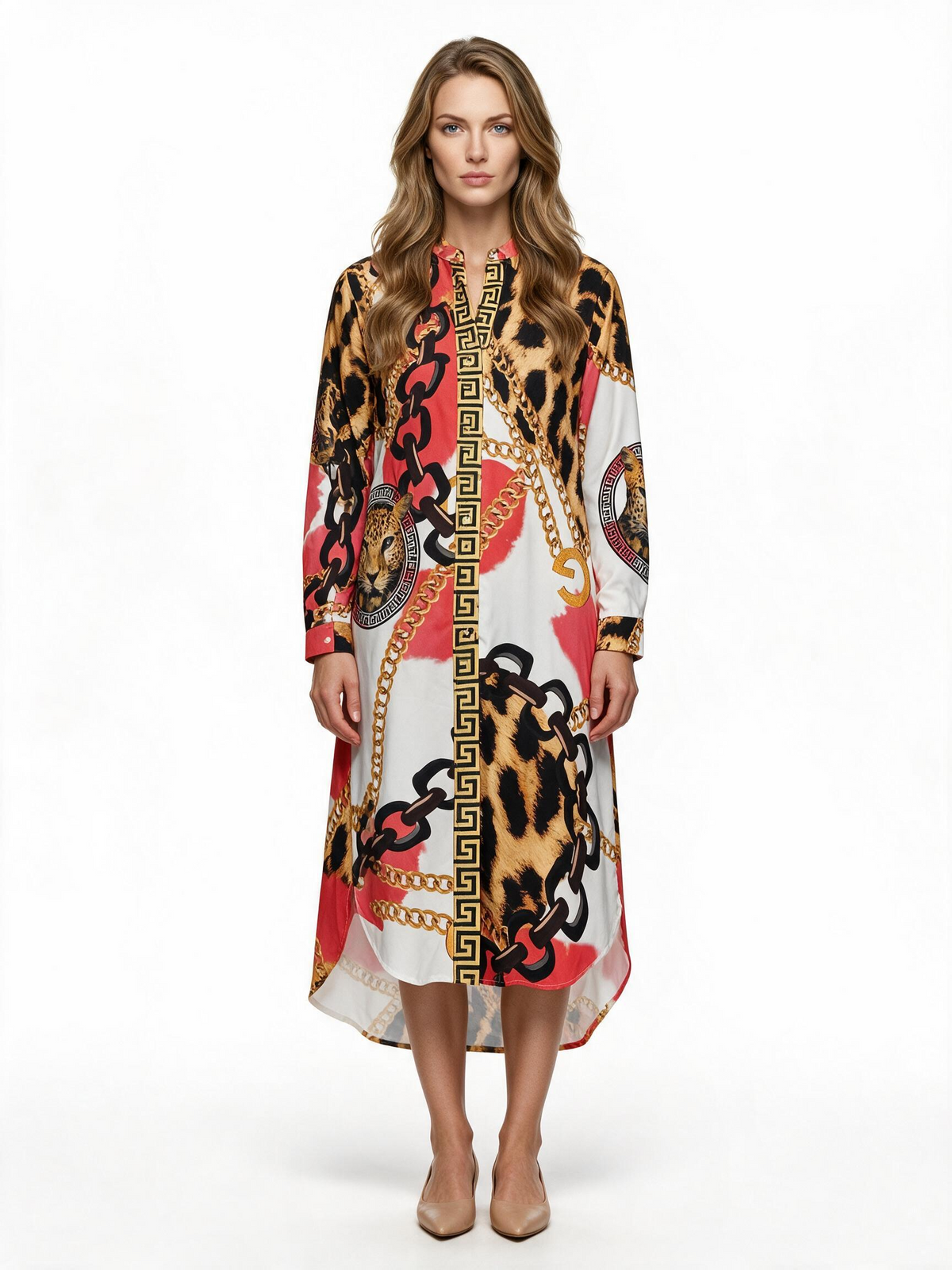 Gold chain and leopard print shirt dress