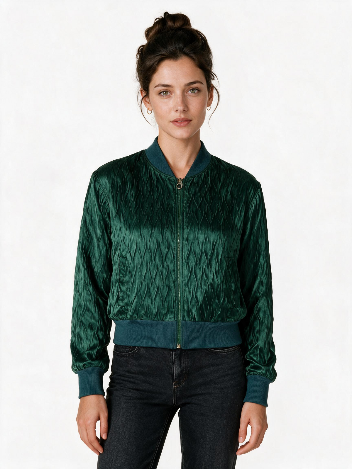 Emerald green quilted velvet bomber jacket