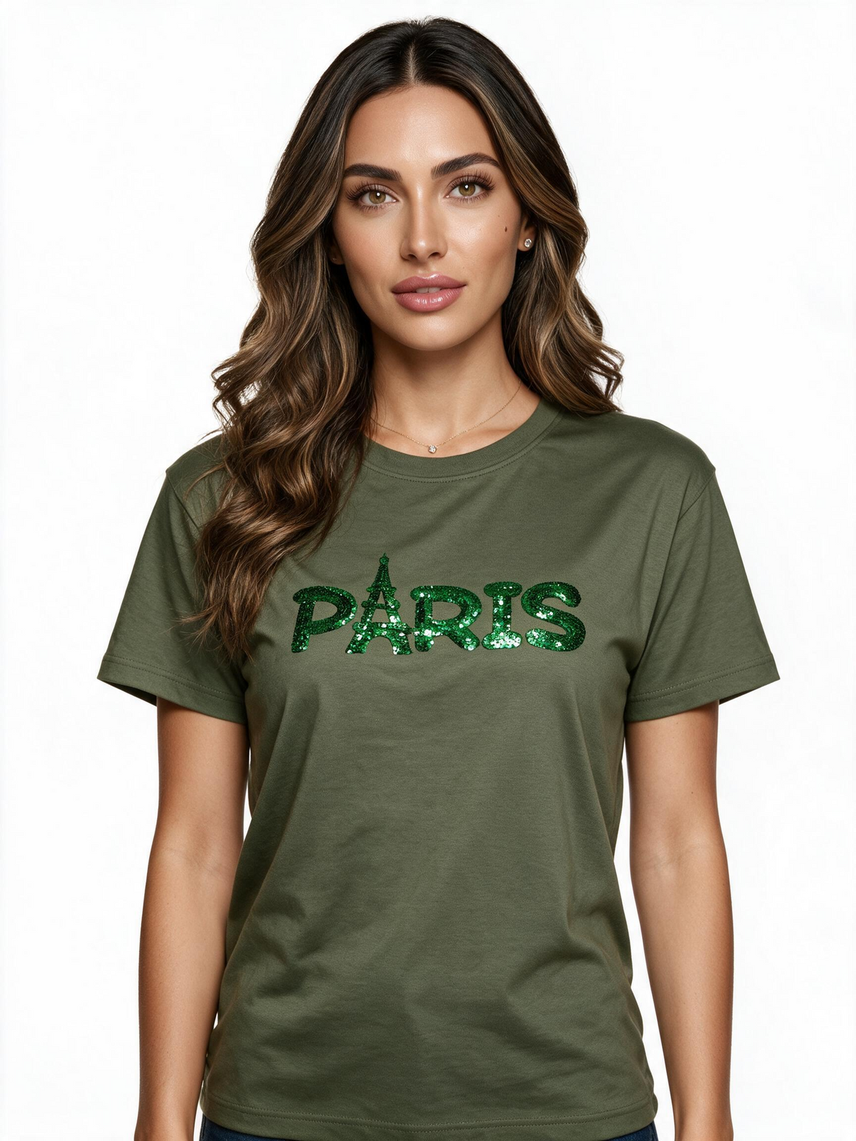 Olive green t-shirt with green sequin Paris slogan