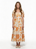 Orange tie dye lace trim tiered maxi dress