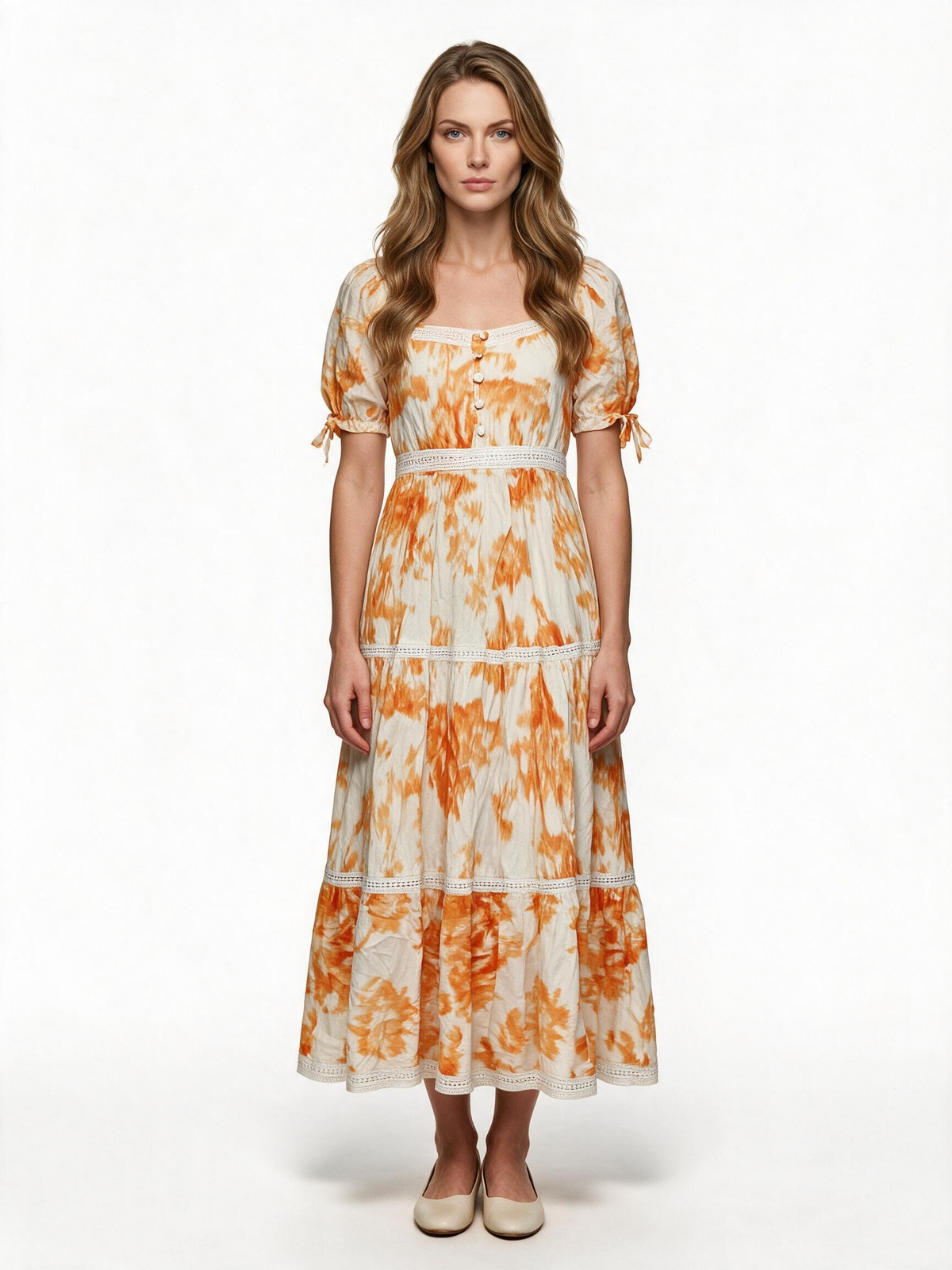 Orange tie dye lace trim tiered maxi dress