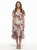 Cream and red patchwork floral tiered ruffle midi dress
