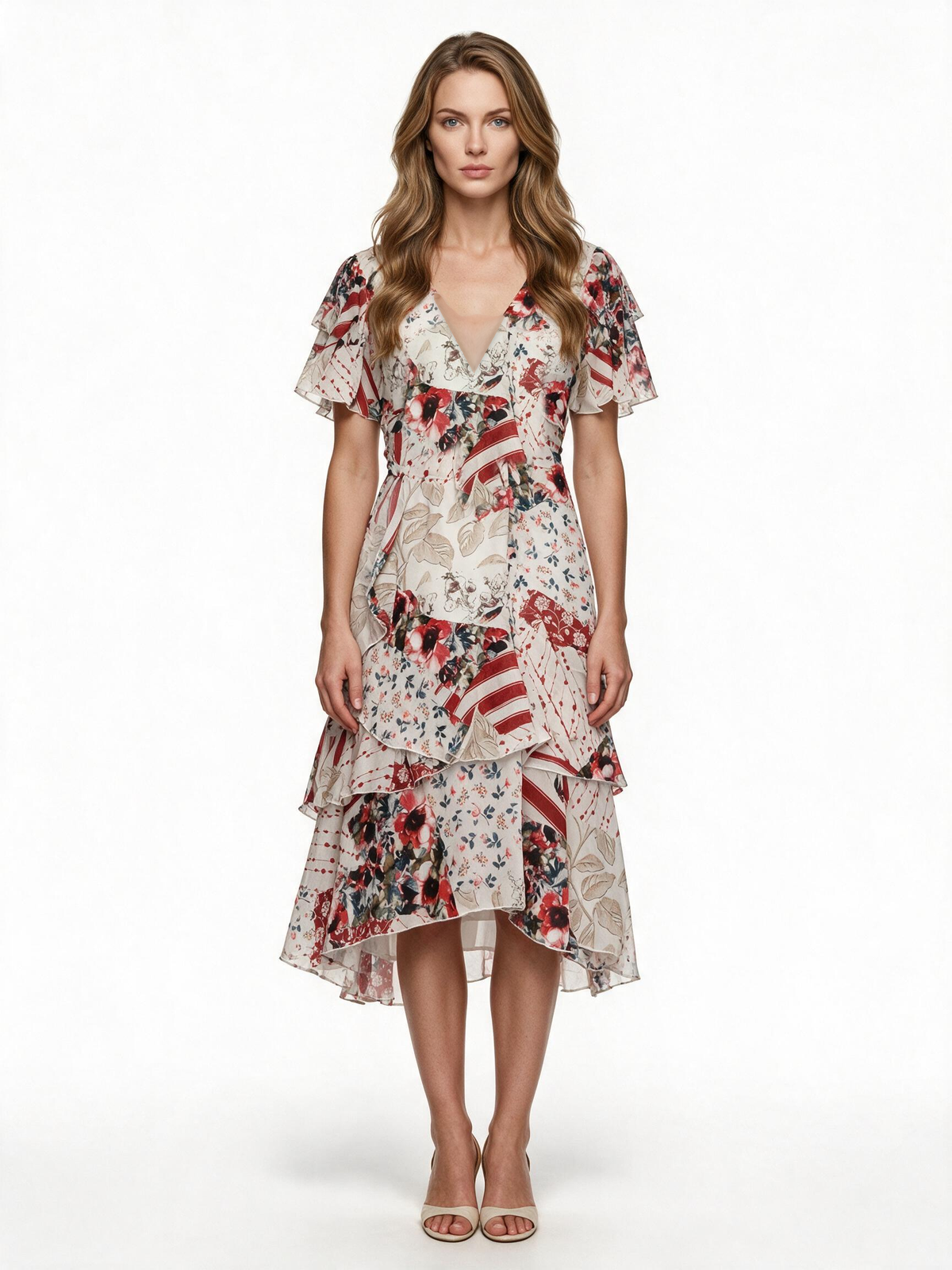 Cream and red patchwork floral tiered ruffle midi dress
