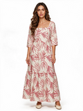 Cream and pink leaf print tiered maxi dress