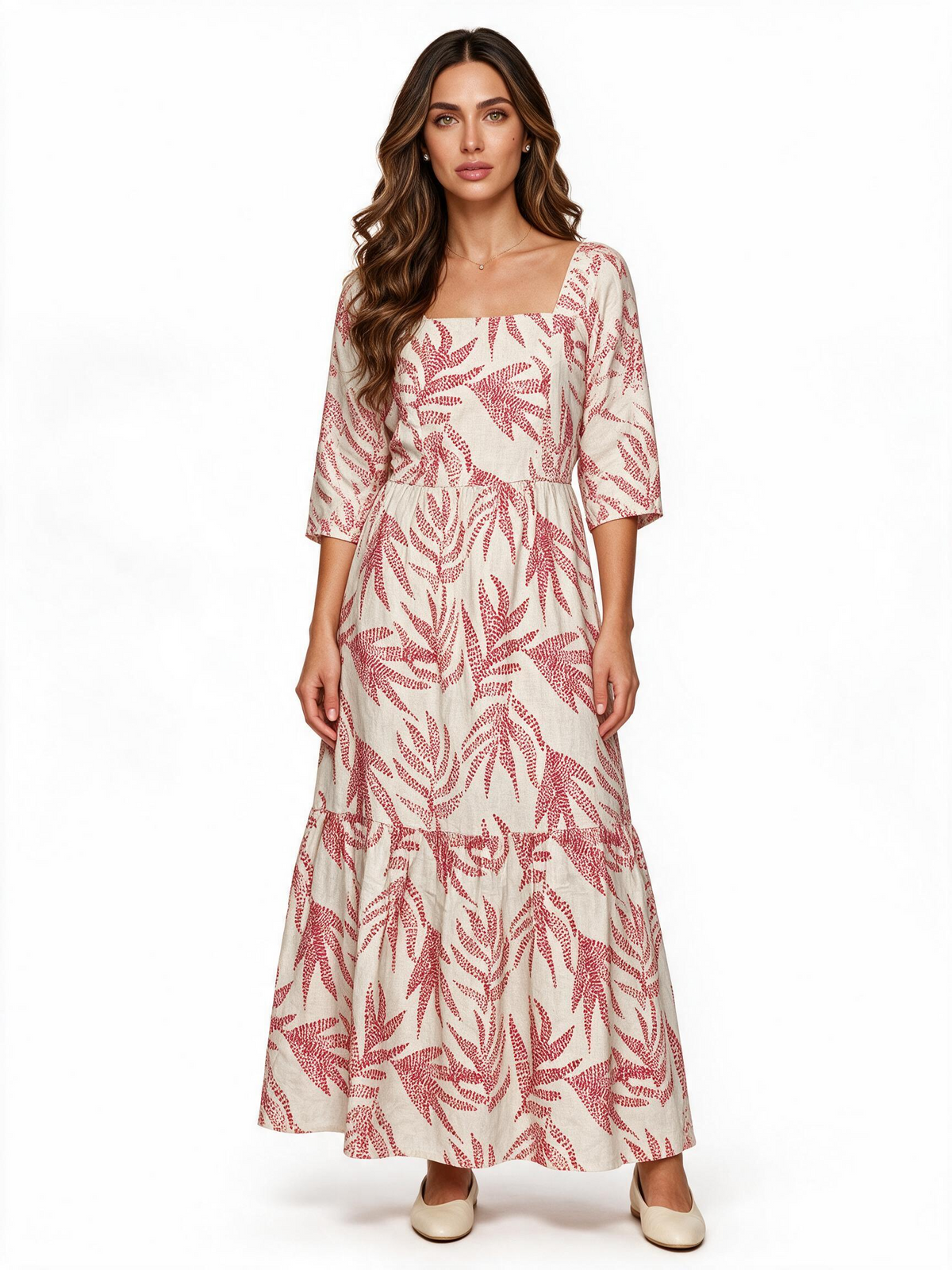 Cream and pink leaf print tiered maxi dress