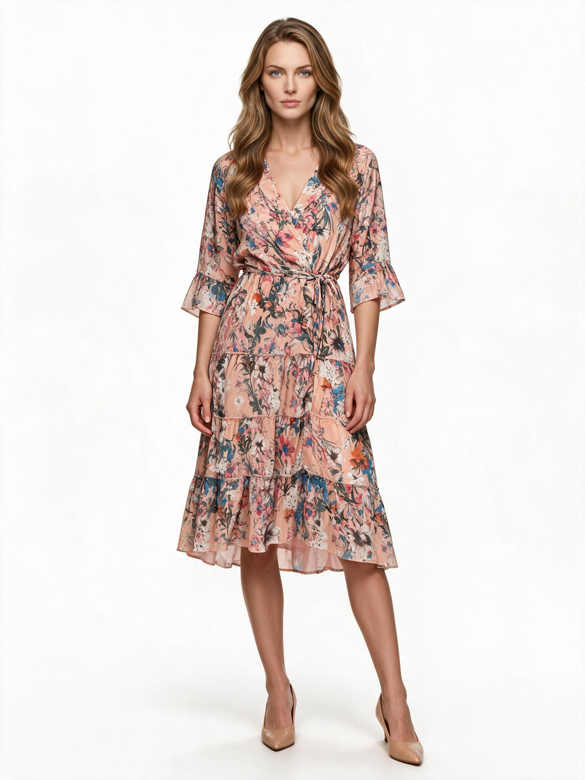 Peach floral tiered ruffle midi wrap dress