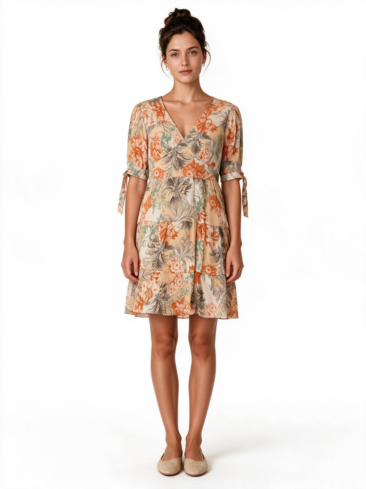 Peach tropical floral tiered mini dress
