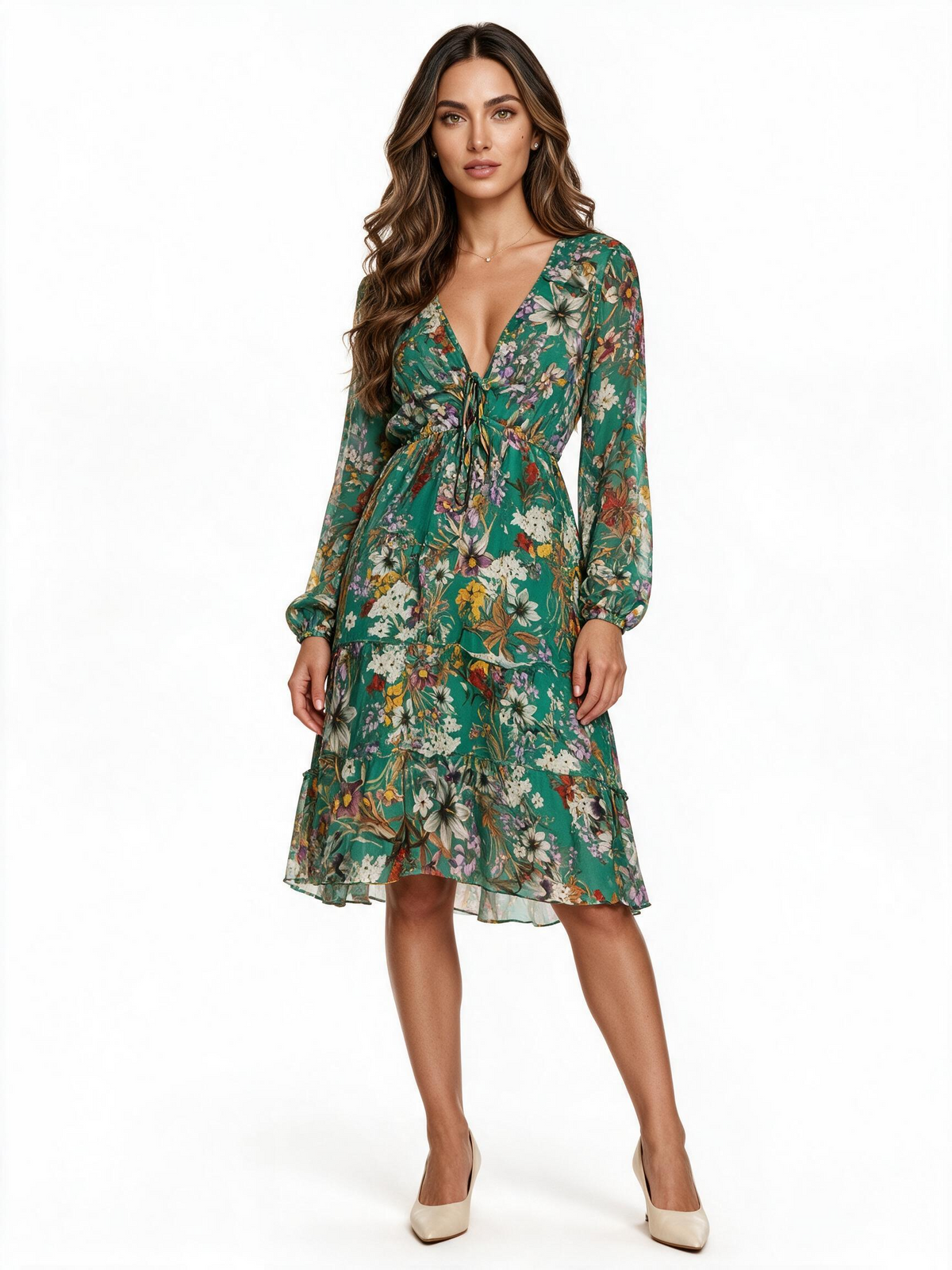 Green floral chiffon ruffle midi dress