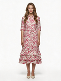 Pink zebra print ruffle hem midi shirt dress