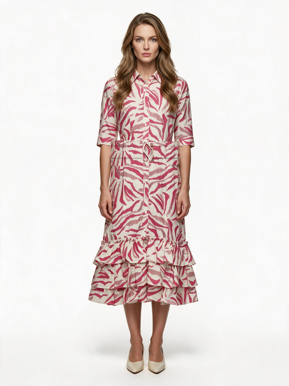 Pink zebra print ruffle hem midi shirt dress