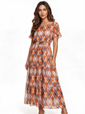 Orange and blue geometric print tiered midi dress