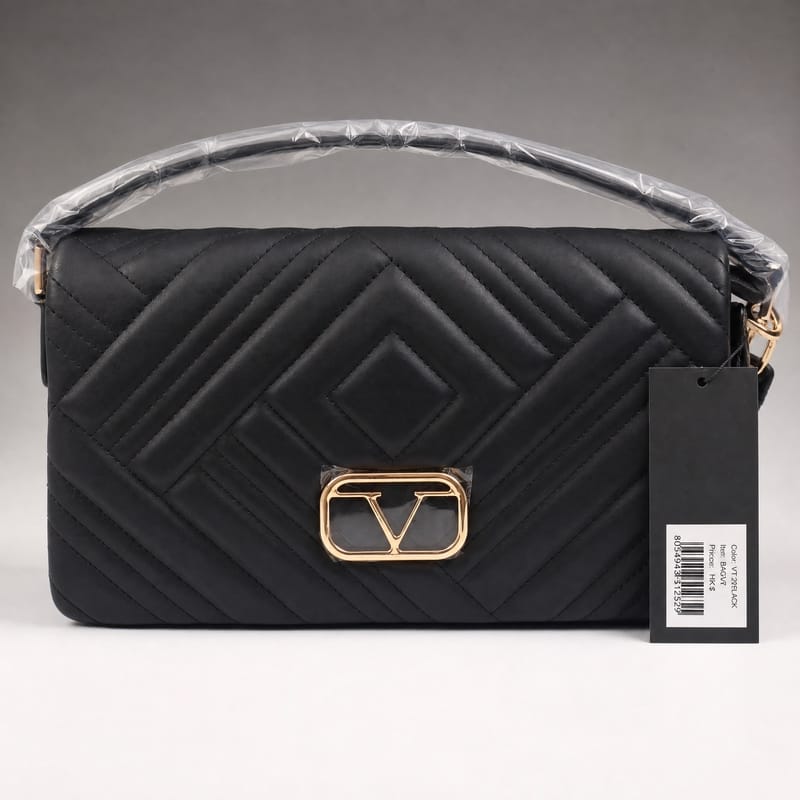 19V69 Italia Chevron-Quilted Flap Shoulder Bag – Black