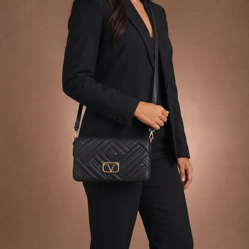 19V69 Italia Chevron-Quilted Flap Shoulder Bag – Black