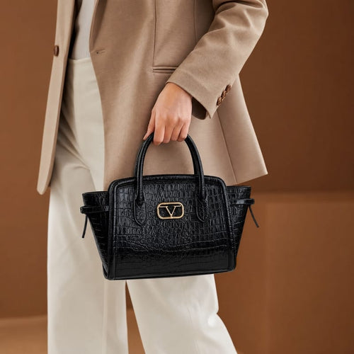 19V69 Italia Croc-Embossed Patent Winged Tote – Black