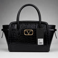 19V69 Italia Croc-Embossed Patent Winged Tote – Black