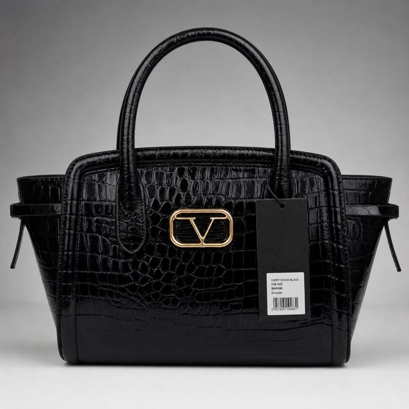 19V69 Italia Croc-Embossed Patent Winged Tote – Black