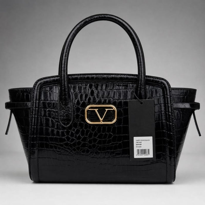 19V69 Italia Croc-Embossed Patent Winged Tote – Black