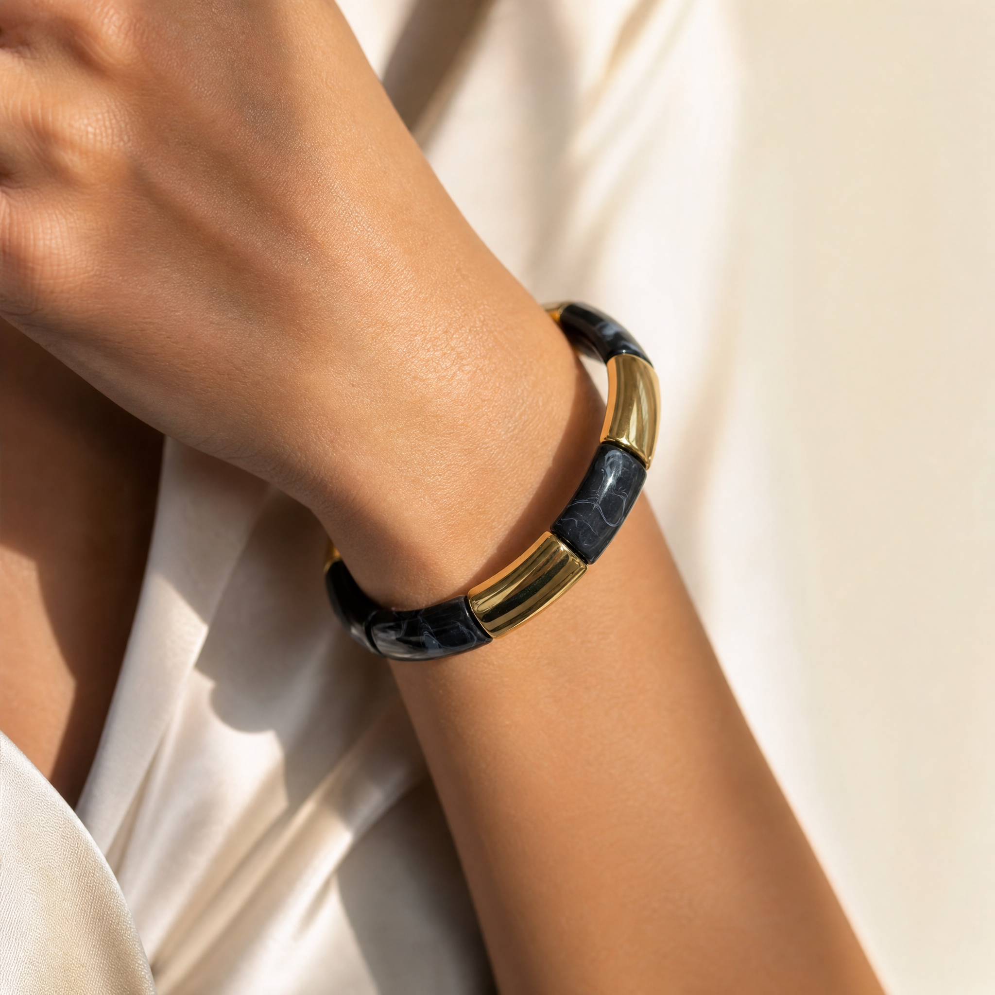 Black Marble Tube Bracelet – worn