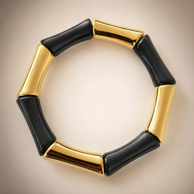 Grey-marble & gold chunky bamboo-tube stretch bracelet