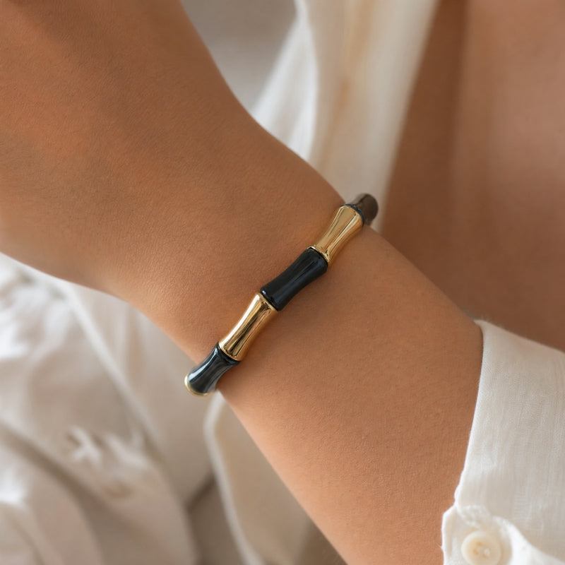 Grey-marble & gold chunky bamboo-tube stretch bracelet