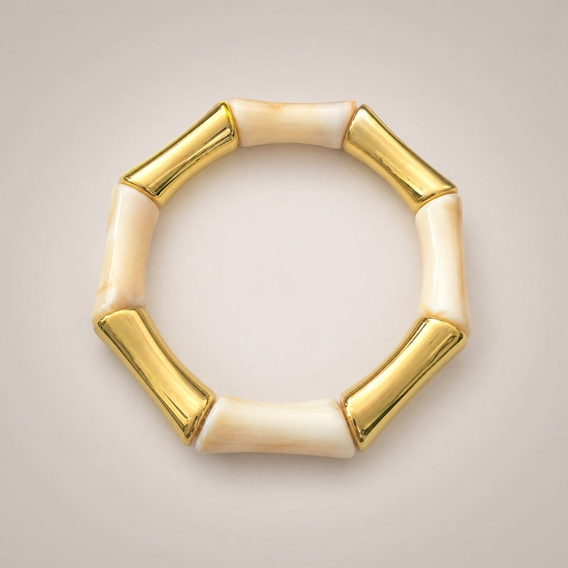 Cream-marble & gold chunky bamboo-tube stretch bracelet