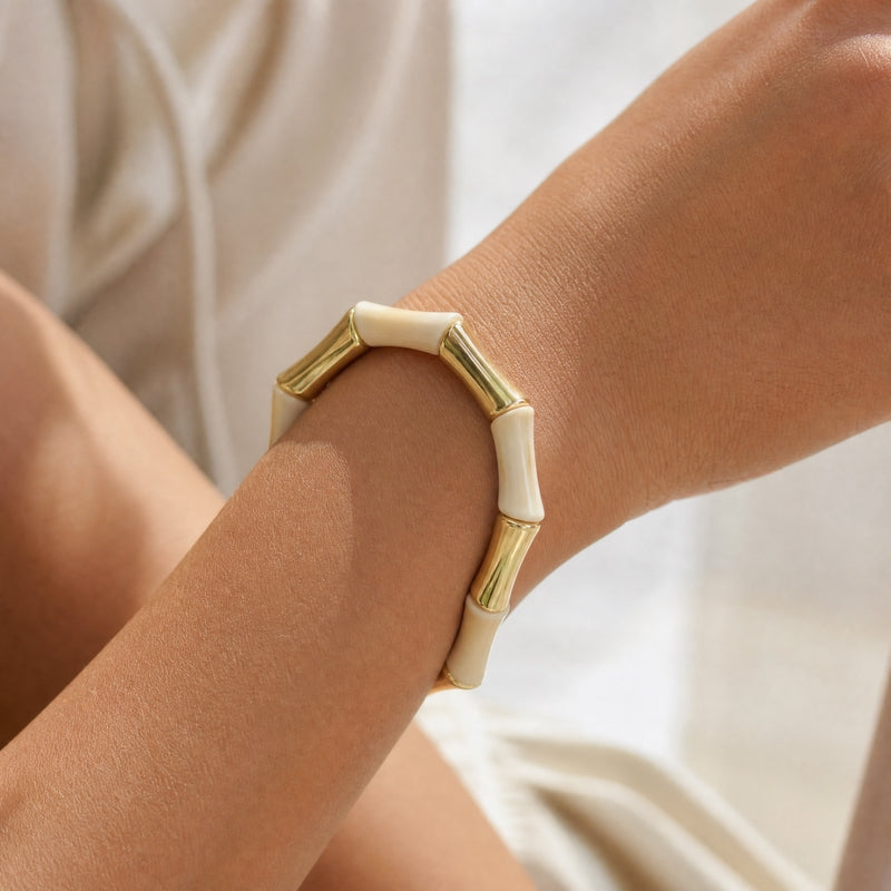 Cream-marble & gold chunky bamboo-tube stretch bracelet