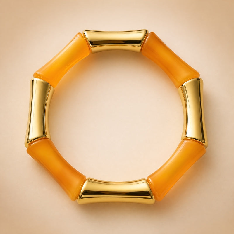 Orange-marble & gold chunky bamboo-tube stretch bracelet