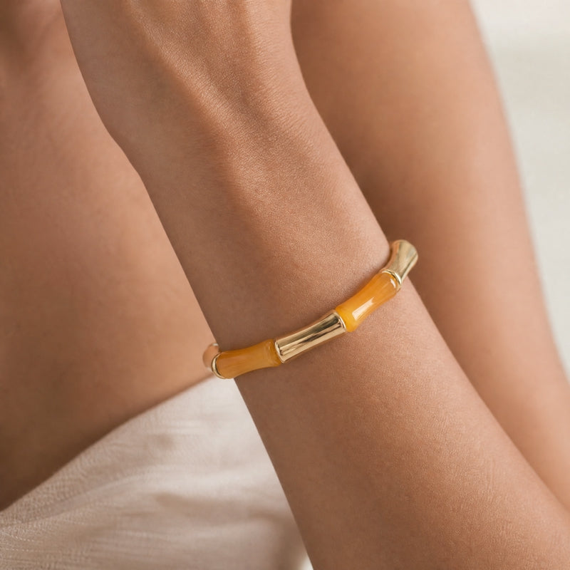 Orange-marble & gold chunky bamboo-tube stretch bracelet