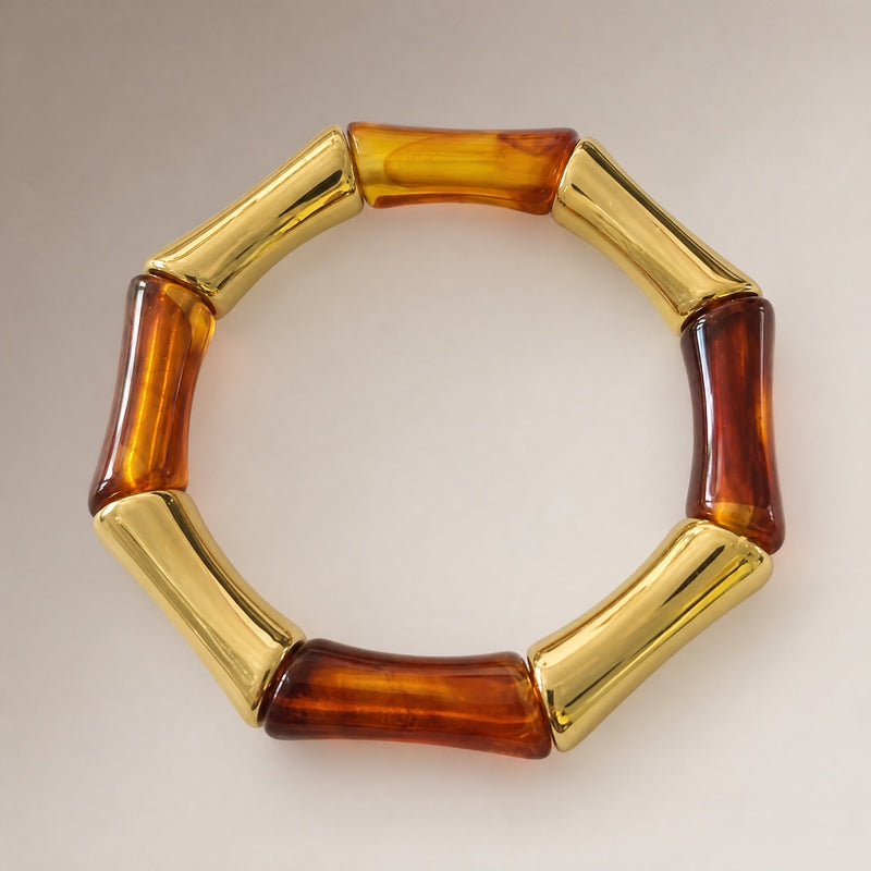Amber-tortoise & gold chunky bamboo-tube stretch bracelet